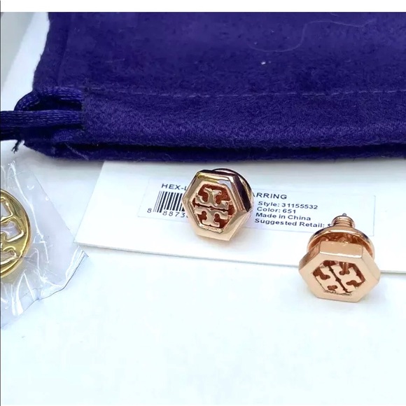 Tory Burch Rose Gold Hexagon Stud Earrings - Picture 3 of 6